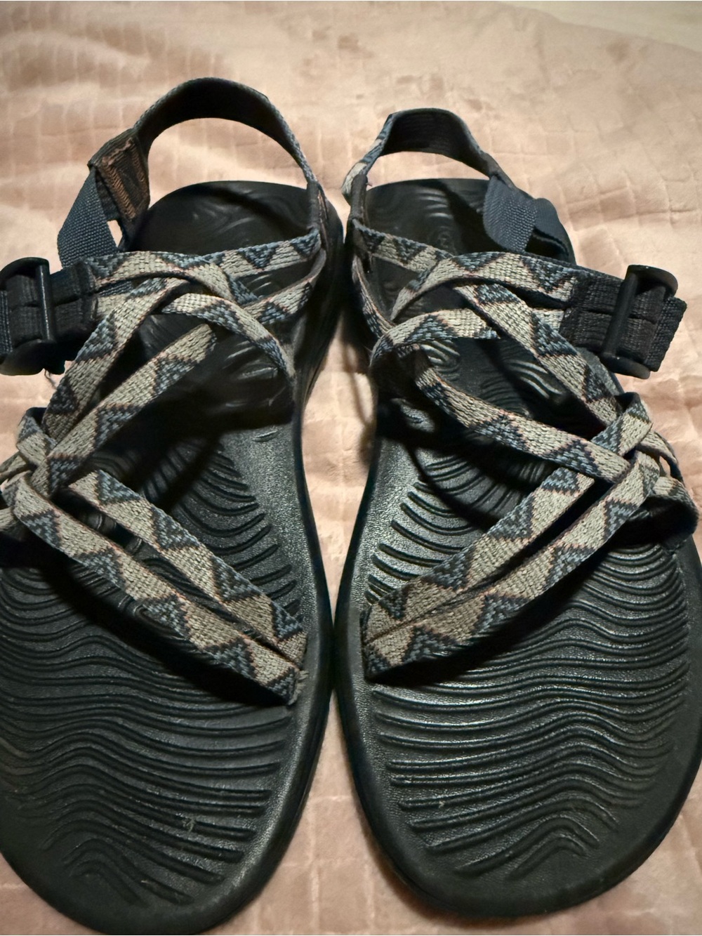 Chaco Women's Black Footbed Sandals with Patterned Blue/Gray Straps